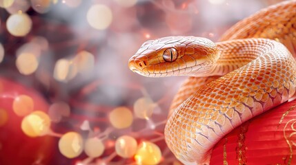 Fototapeta premium A golden snake coiled around a glowing red lantern on a festive background