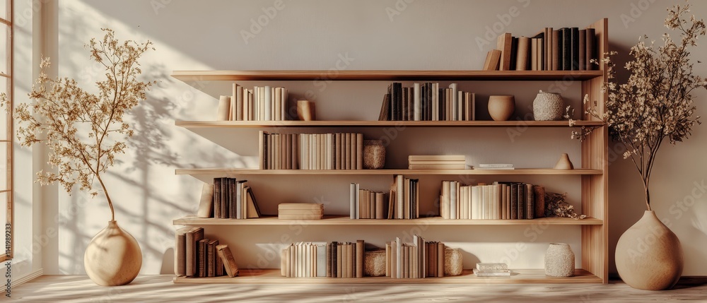 Poster minimalist bookshelf with neatly arranged books and decor in a light-filled space for a stylish home