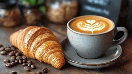 Coffee Break Bliss: A perfectly crafted latte with delicate foam art sits beside a flaky croissant, a tempting treat for a relaxing coffee break. Enjoy this image for your cafe, bakery.