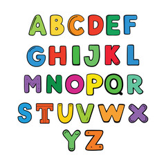 funny colorful cartoon alphabet poster featuring rounded bold letters in rainbow colors with a black outline. perfect for kids' birthday cards, baby showers, or as an educational nursery print.