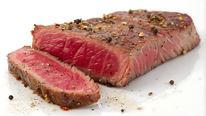 A beef steak slice with seasoning isolated on a white background