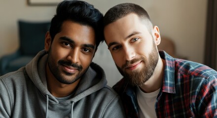 Fototapeta premium Two friends relaxing at home, cultural diversity, bonding and friendship concept