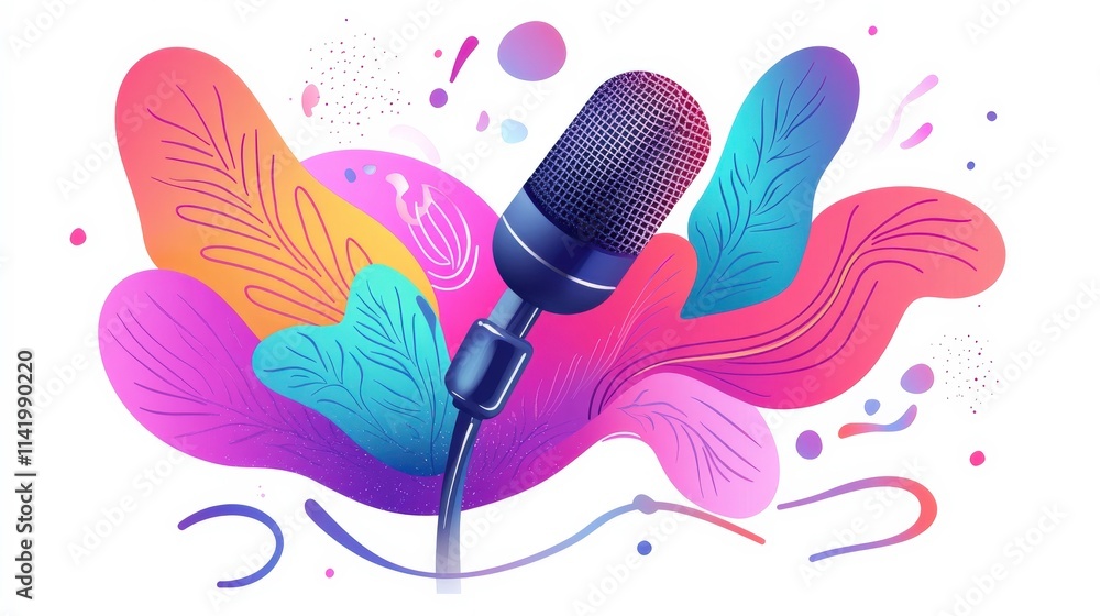 Poster colorful abstract design with microphone surrounded by vibrant shapes and patterns ideal for music, 