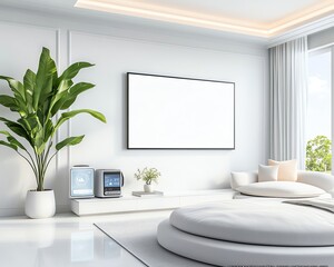 Realistic IoT Home Comfort Innovations illustrated as a bright, modern room with interactive screens, smart appliances, and a harmonious digital ecosystem.