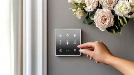 Realistic Seamless Smart Home Control designed as a homeowner using a single smart interface to control lighting, security, and entertainment in a sleek, modern space.