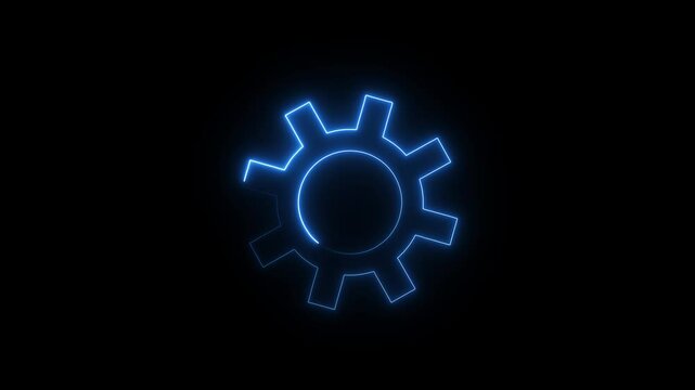 Neon Settings icon animation isolated, gear setting icon on black background, Spinning gears, and Rotating Gears icon animated video	