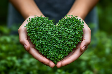 Hands holding a heart made of green plants, symbolizing love, care, and environmental sustainability, set against a clean, natural background.

