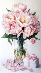 Obraz premium A vase brimming with pink blossoms sits near a petite white container adorned with a pink ribbon