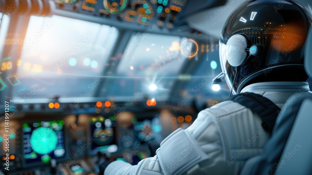 Poster a futuristic astronaut pilot navigates a high-tech spacecraft, surrounded by advanced control panels