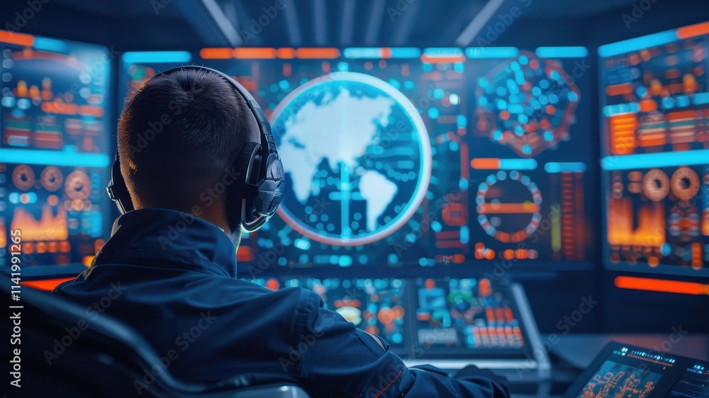 Poster a person monitors a high-tech control room filled with screens displaying global data and graphics, 