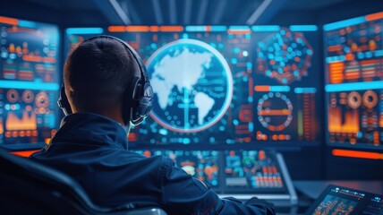 Obraz premium A person monitors a high-tech control room filled with screens displaying global data and graphics, wearing headphones and focused on the information.