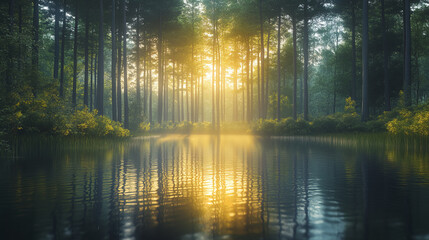 Obraz premium Sunlit forest with golden rays reflecting on calm water surface, serene atmosphere