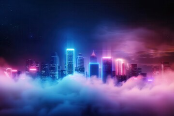 Naklejka premium A vibrant city skyline illuminated by neon lights, partially shrouded in colorful fog, creating a futuristic and mystical atmosphere.