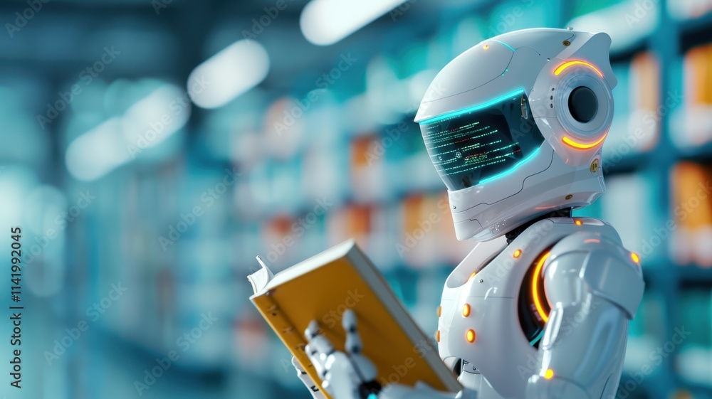 Poster a futuristic robot reading a book in a library setting, showcasing the blend of technology and knowl