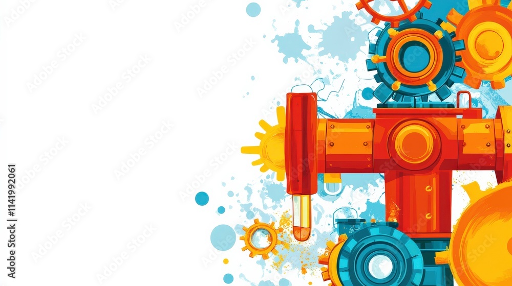 Poster colorful abstract illustration of gears and mechanical elements on a bright background with artistic