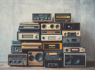 Fototapeta premium A stack of vintage audio devices, including cassette tapes and boomboxes, arranged in an artistic display against a concrete wall background.