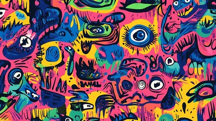 Vibrantly colored abstract artwork with whimsical shapes and fantasy style. AI Generated