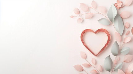Paper heart with pastel leaves on soft white background