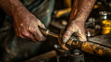 Focused plumber tightening a water valve with a pipe wrench, with toolset visible in the background