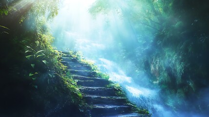 Mystical Stone Steps Leading to a Sunlit Waterfall in a Lush Tropical Forest. AI Generated