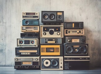 Fototapeta premium A stack of vintage audio devices, including cassette tapes and boomboxes, arranged in an artistic display against a concrete wall background.