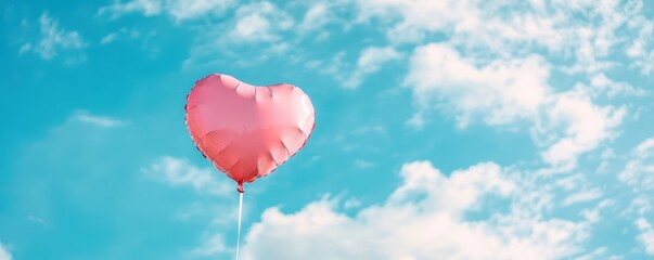 Obraz premium Heart Balloon flying on the sky over the cloud,Red helium balloon,Glossy heart with reflection foil balloon,anniversary wedding,Valentine day,Love symbol,holiday card,copy space.