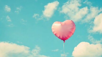 Fototapeta premium Heart Balloon flying on the sky over the cloud,Red helium balloon,Glossy heart with reflection foil balloon,anniversary wedding,Valentine day,Love symbol,holiday card,copy space.