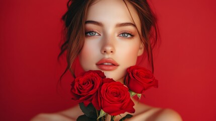 Naklejka premium Beautiful Woman Holding Red Roses Against Red Background