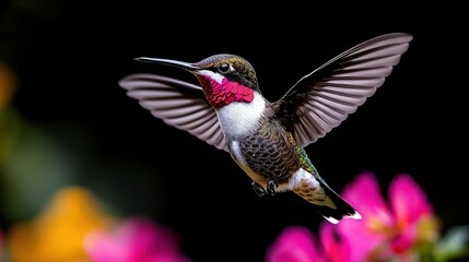 Obraz premium Hummingbird flying with open wings, pink & yellow flowers in the background