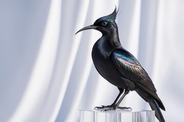 Obraz premium Elegant black bird with iridescent feathers perched on a clear acrylic cube against a white fabric backdrop.
