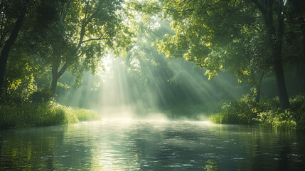 tranquil forest scene with sunlight dappling through green foliage, creating serene atmosphere