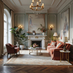 Neoclassical Living Room with Fireplace & Chandelier