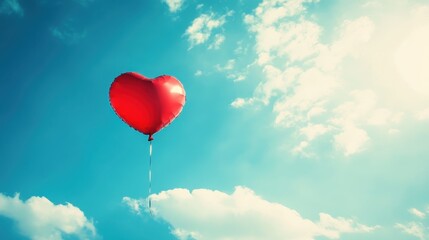 Fototapeta premium Heart Balloon flying on the sky over the cloud,Red helium balloon,Glossy heart with reflection foil balloon,anniversary wedding,Valentine day,Love symbol,holiday card,copy space.
