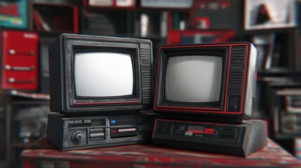 Two vintage TVs and consoles on a table.