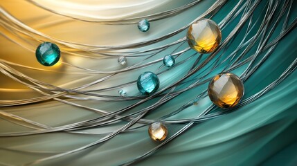 Abstract background with flowing, draped fabric, metallic lines, and translucent, gemstone-like spheres in teal, amber, and gold tones.