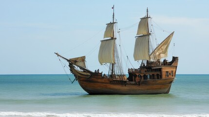 Antique wooden sailing ship at sea.