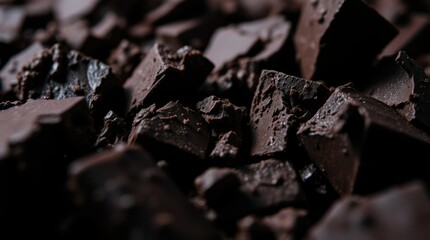 Crumbled squares of dark chocolate rest on a rustic surface, showcasing their glossy texture and decadent hue, ready to enhance desserts or snacks