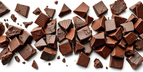 Rich dark chocolate pieces are artistically scattered, revealing their varied textures and deep hues. The natural light enhances their glossy surfaces, evoking indulgence