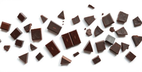 Rich dark chocolate pieces are playfully arranged on a clean white backdrop, highlighting their varied shapes and textures—ideal for dessert inspiration