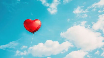 Fototapeta premium Heart Balloon flying on the sky over the cloud,Red helium balloon,Glossy heart with reflection foil balloon,anniversary wedding,Valentine day,Love symbol,holiday card,copy space.