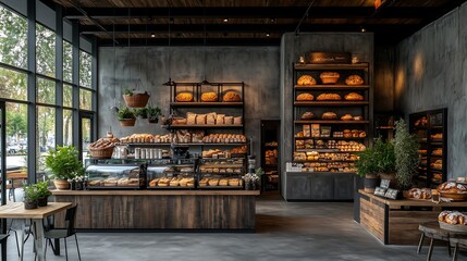 Modern Bakery Interior: Rustic charm meets contemporary design in this inviting bakery, with exposed brick, wooden accents, and shelves overflowing with fresh bread and pastries.  