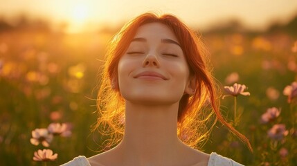 Naklejka premium Redhead Woman Smiles Peacefully In Sunset Field