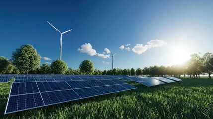 Renewable energy sources showcase solar panels and wind turbines in a lush green field with mountains and a clear blue sky above