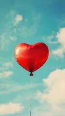 Fototapeta premium Heart Balloon flying on the sky over the cloud,Red helium balloon,Glossy heart with reflection foil balloon,anniversary wedding,Valentine day,Love symbol,holiday card,copy space.