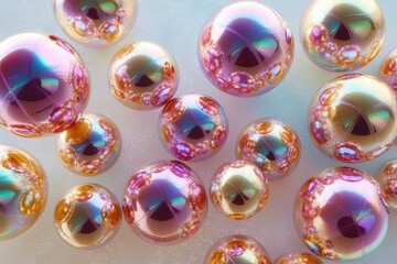 Iridescent spheres scattered on a white surface.