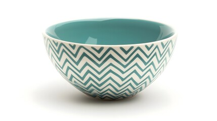 Turquoise and white zigzag pattern on a ceramic bowl isolated on white background, representing modern geometric style
