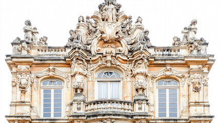 Fototapeta premium A stone building with intricate statues on the facade, isolated against a white background