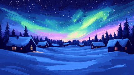 Snowy village under a colorful aurora borealis in a tranquil winter night scene