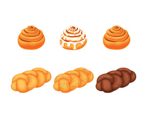 Cinnabons, buns and sweet buns. Sweet pastries with cinnamon. Flour products for breakfast. Vector illustration in cartoon style