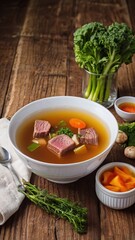 Clear beef broth, bouillon in white bowl and vegetables on wooden table.